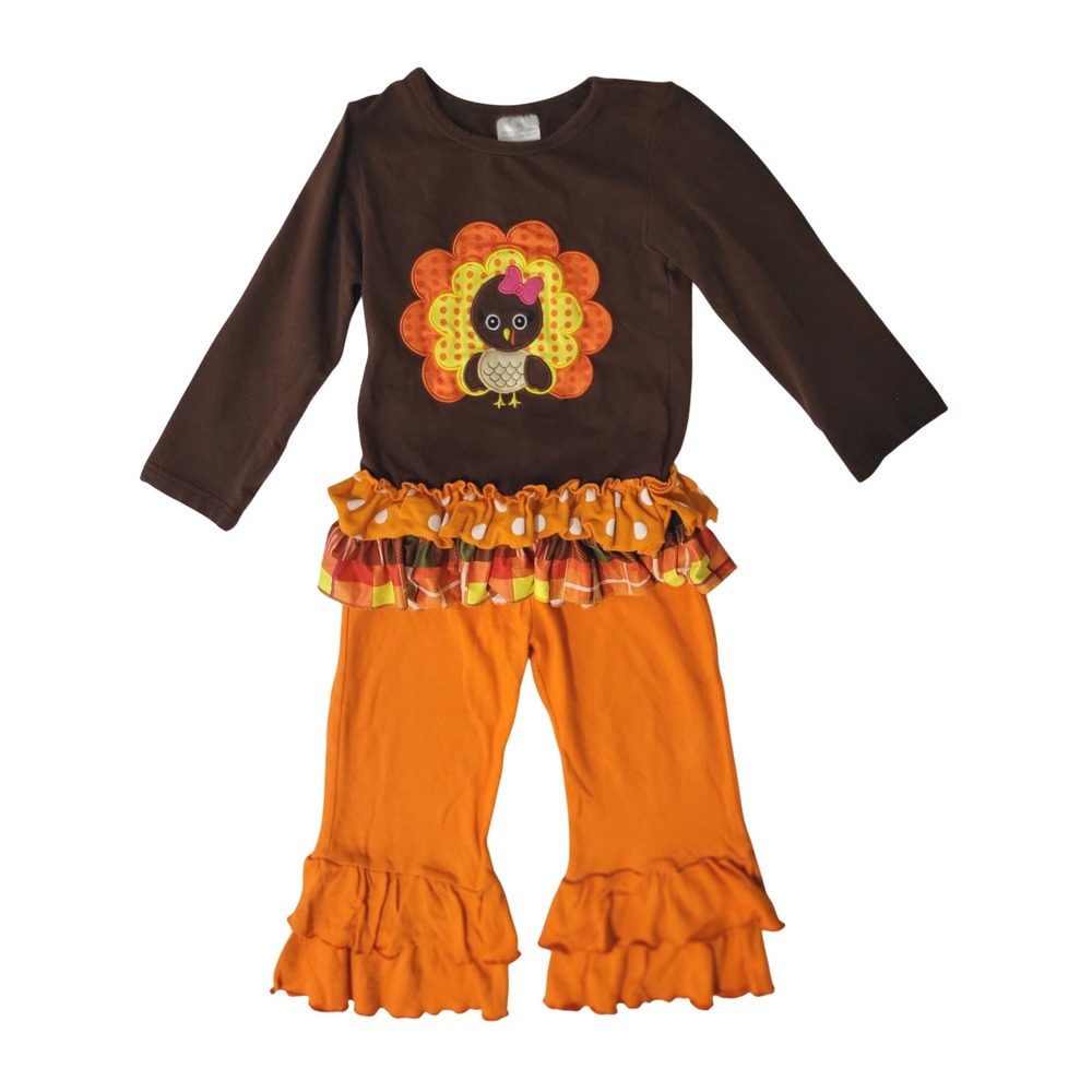 Girls 3T Thanksgiving Outfit Brown Top Turkey Applique Orange‎ Ruffle Pants Set